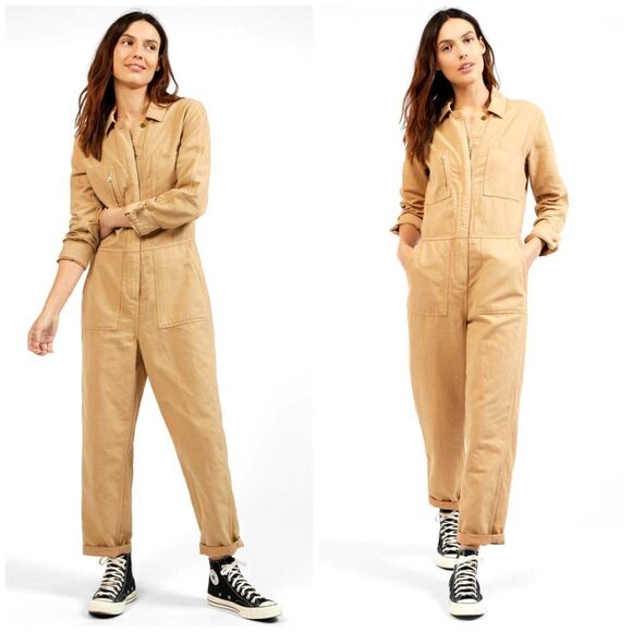 NEW OuterKnown Jumpsuit Womens Small Utility Coveralls Cargo Linen Cotton Tan - Picture 1 of 6